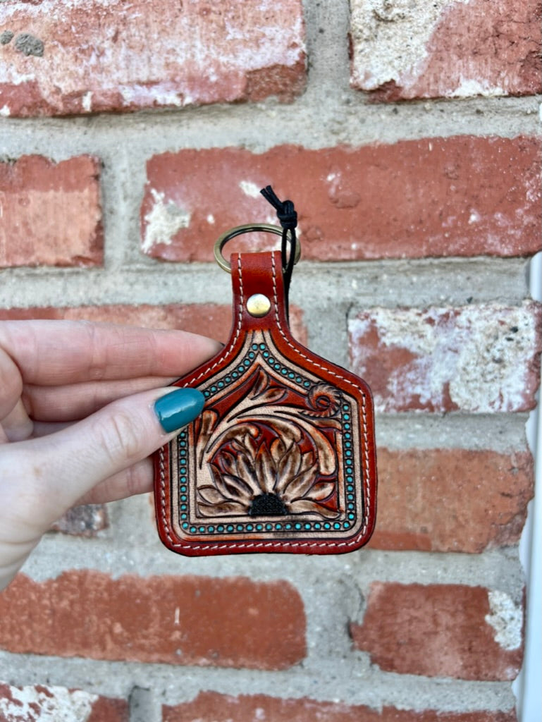 Gilded Sunflower Hand-Tooled Key Fob