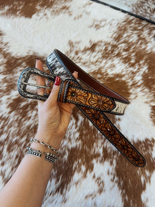 The Tooled Sunflower & Cowhide Belt