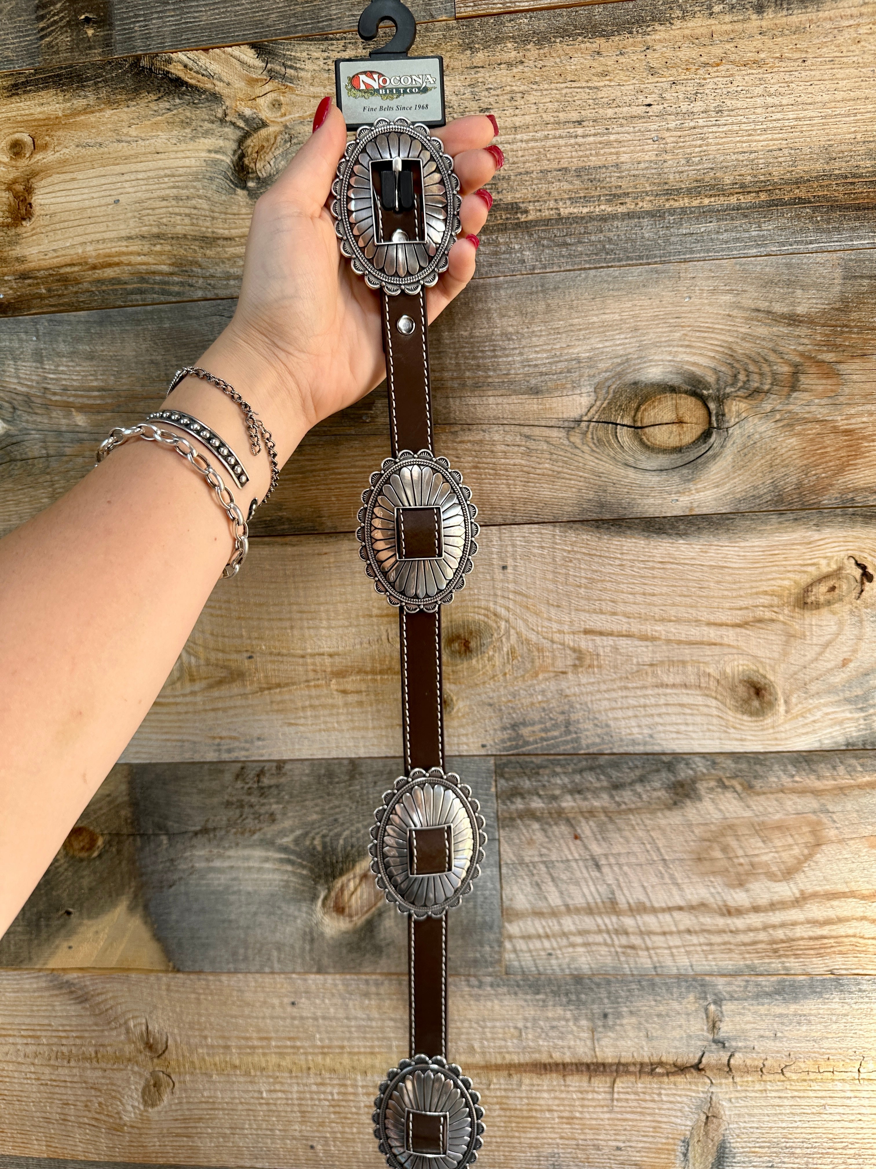 Silver Concho and Brown Leather Belt