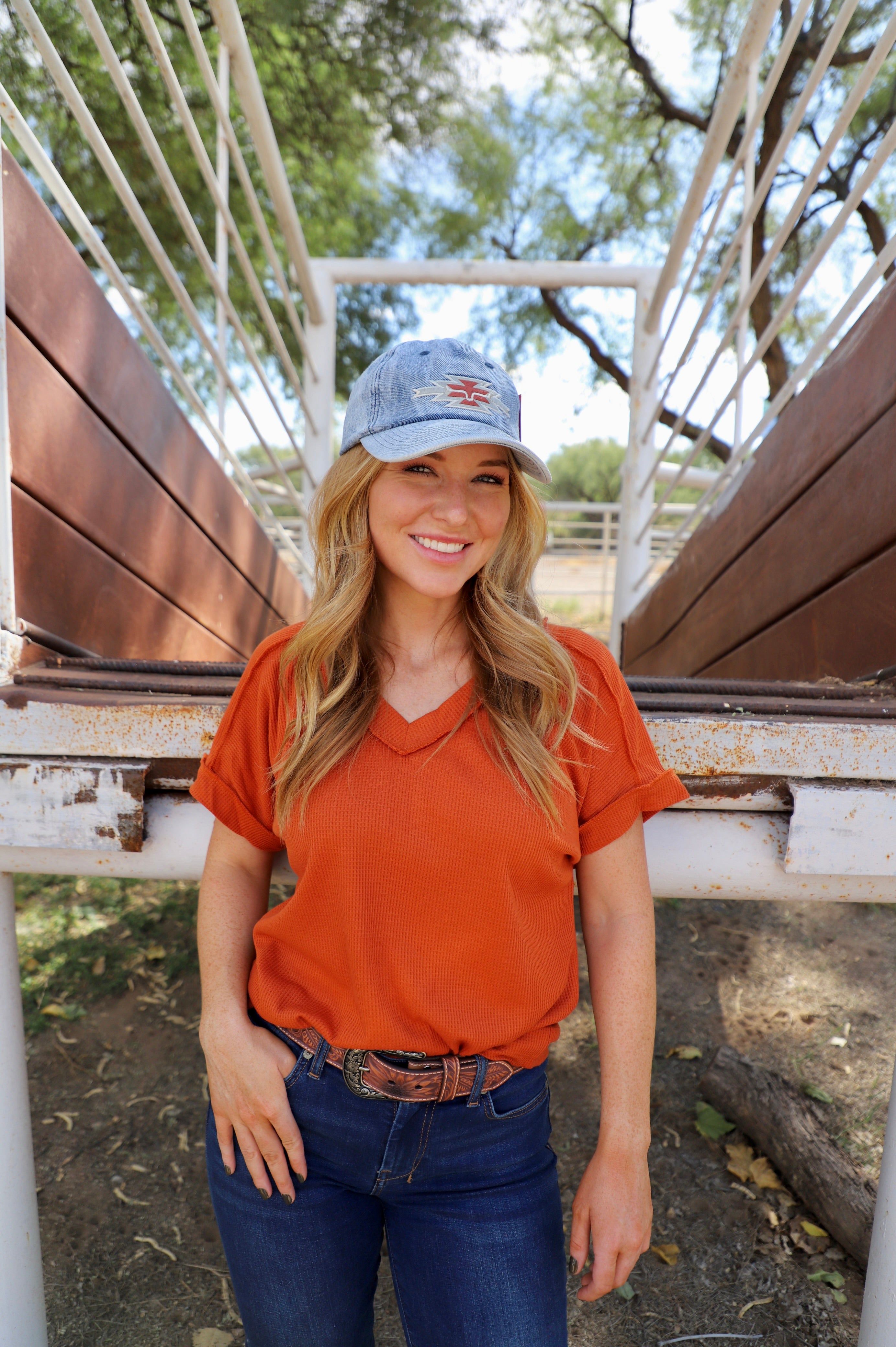 The Lucy Waffle Knit Top- Rust