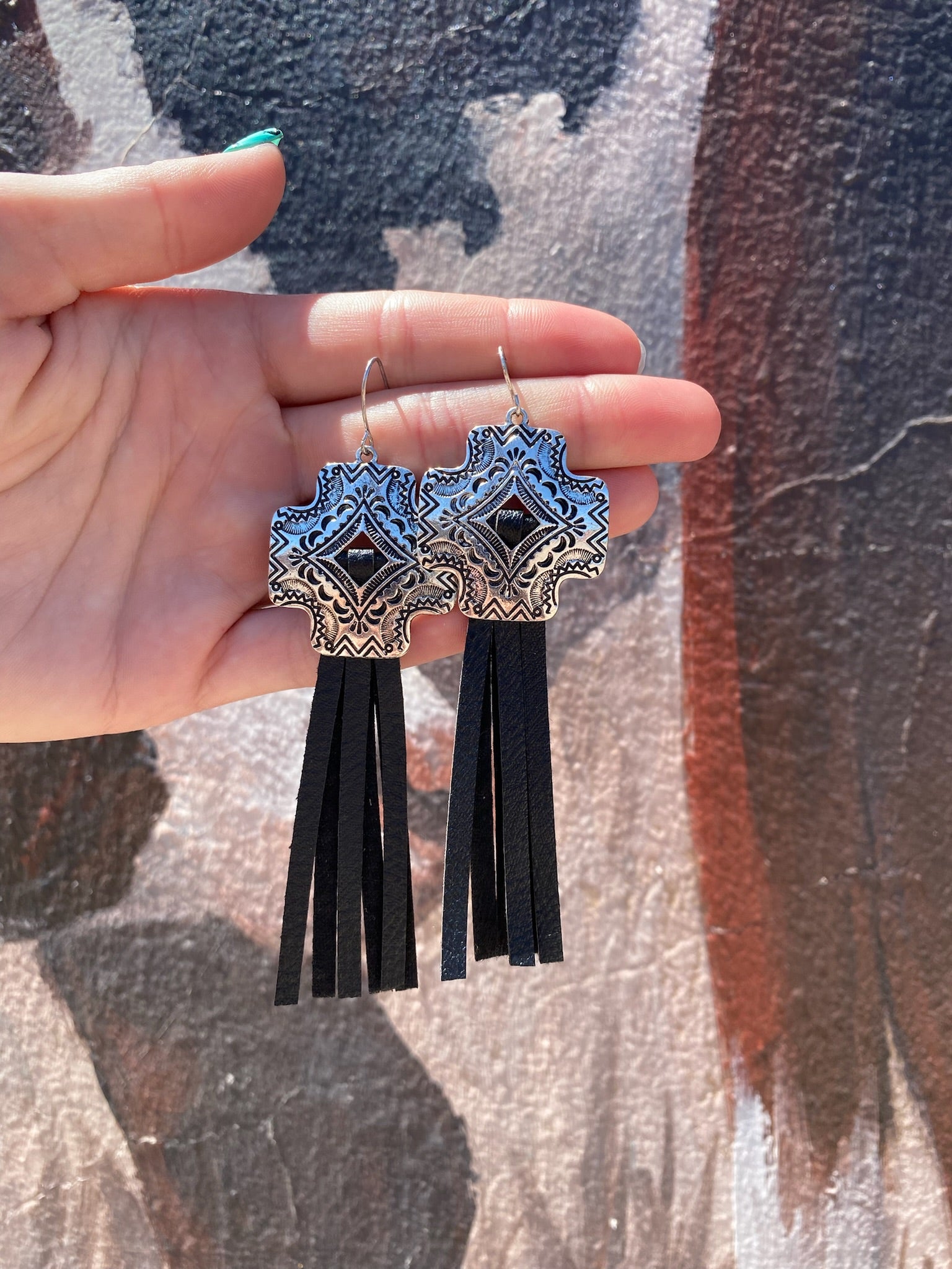 Cross Leather Fringe Earrings