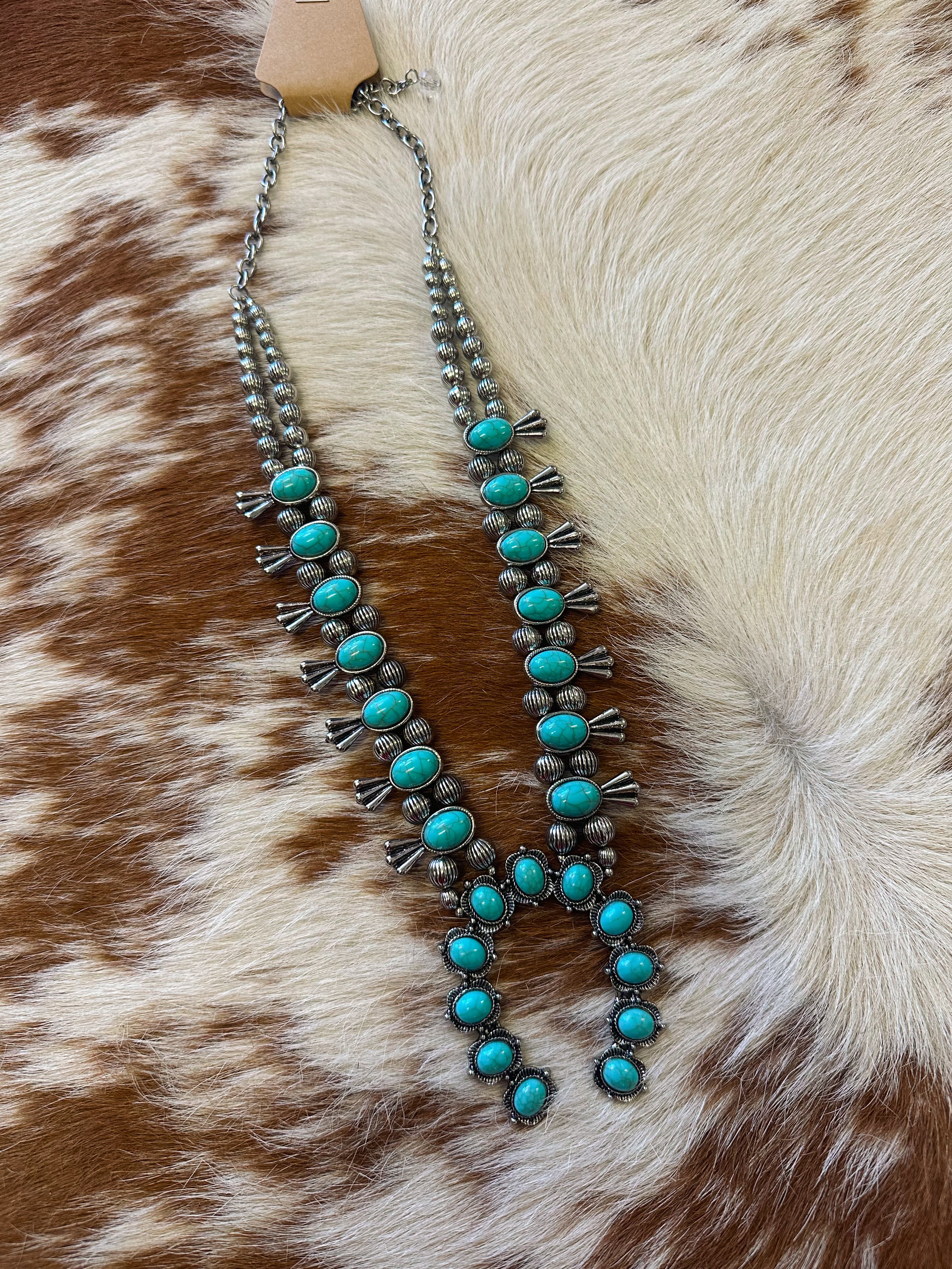 Turquoise & Silver Faux Squash Blossom Necklace