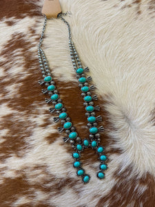 Turquoise & Silver Faux Squash Blossom Necklace