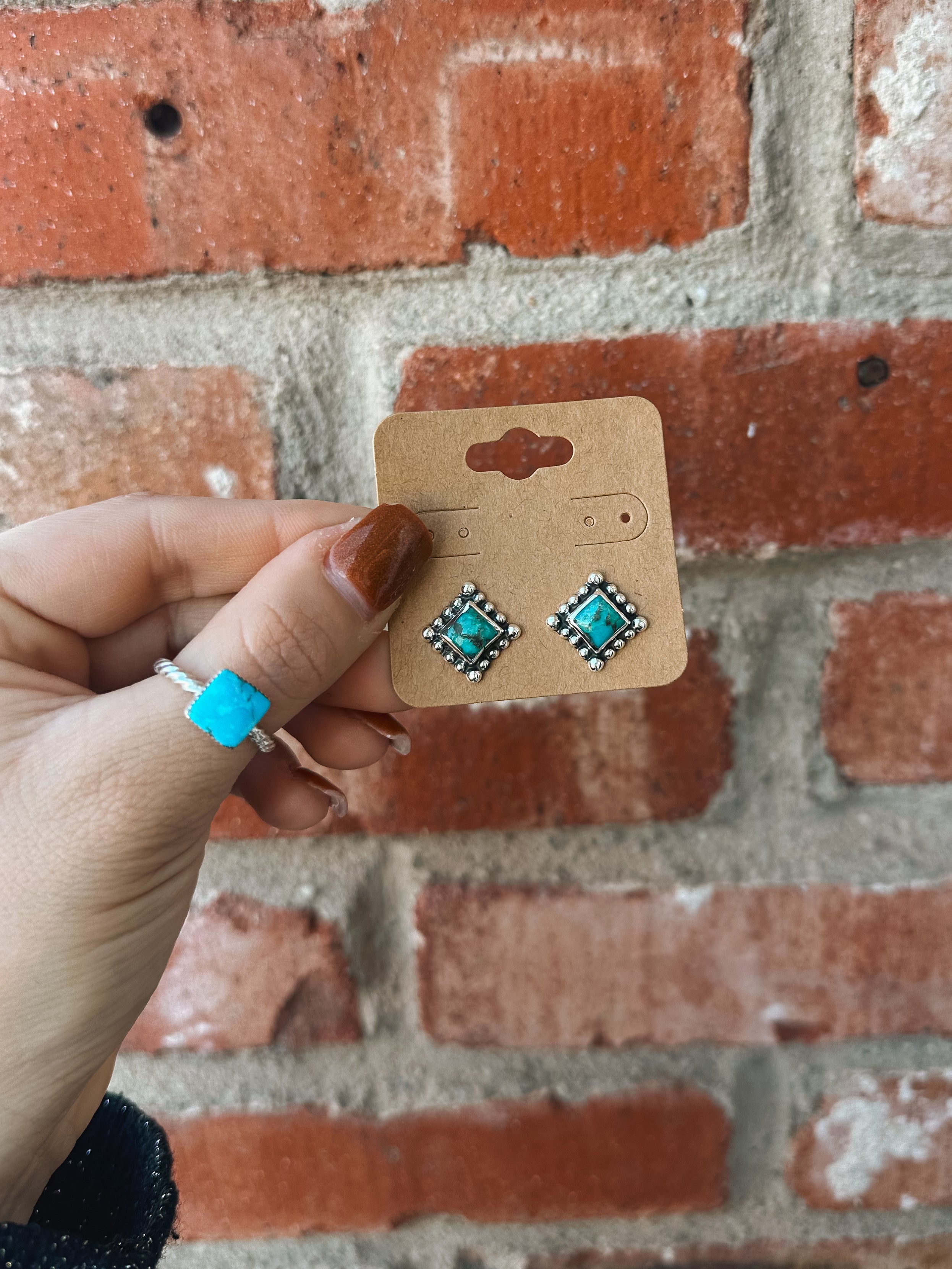 Turquoise Diamond Studs- Beaded Border