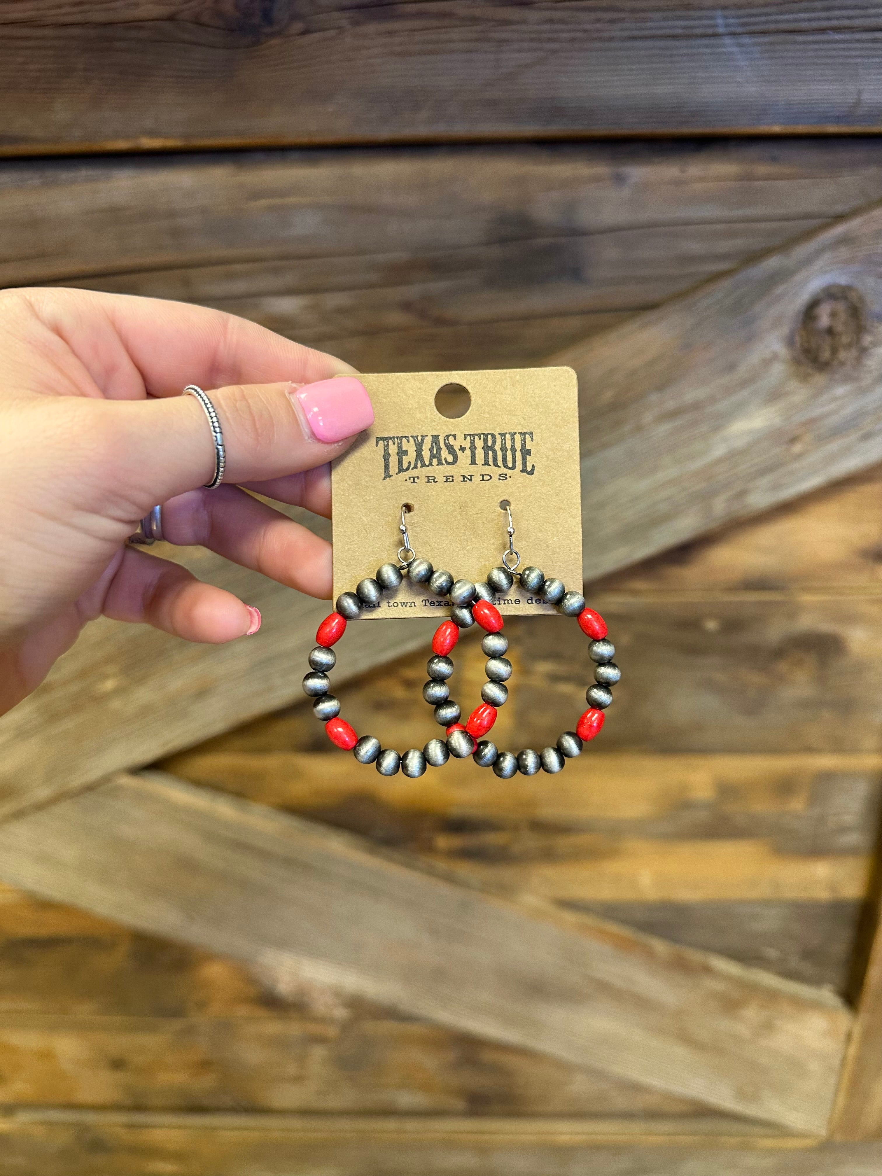 Faux Navajo Pearl & Red Hoop Earrings