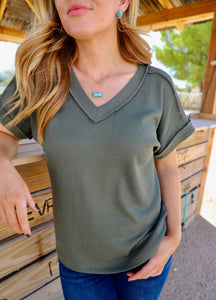 The Lucy Waffle Knit Top- Olive