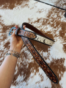 The Tooled Sunflower & Cowhide Belt