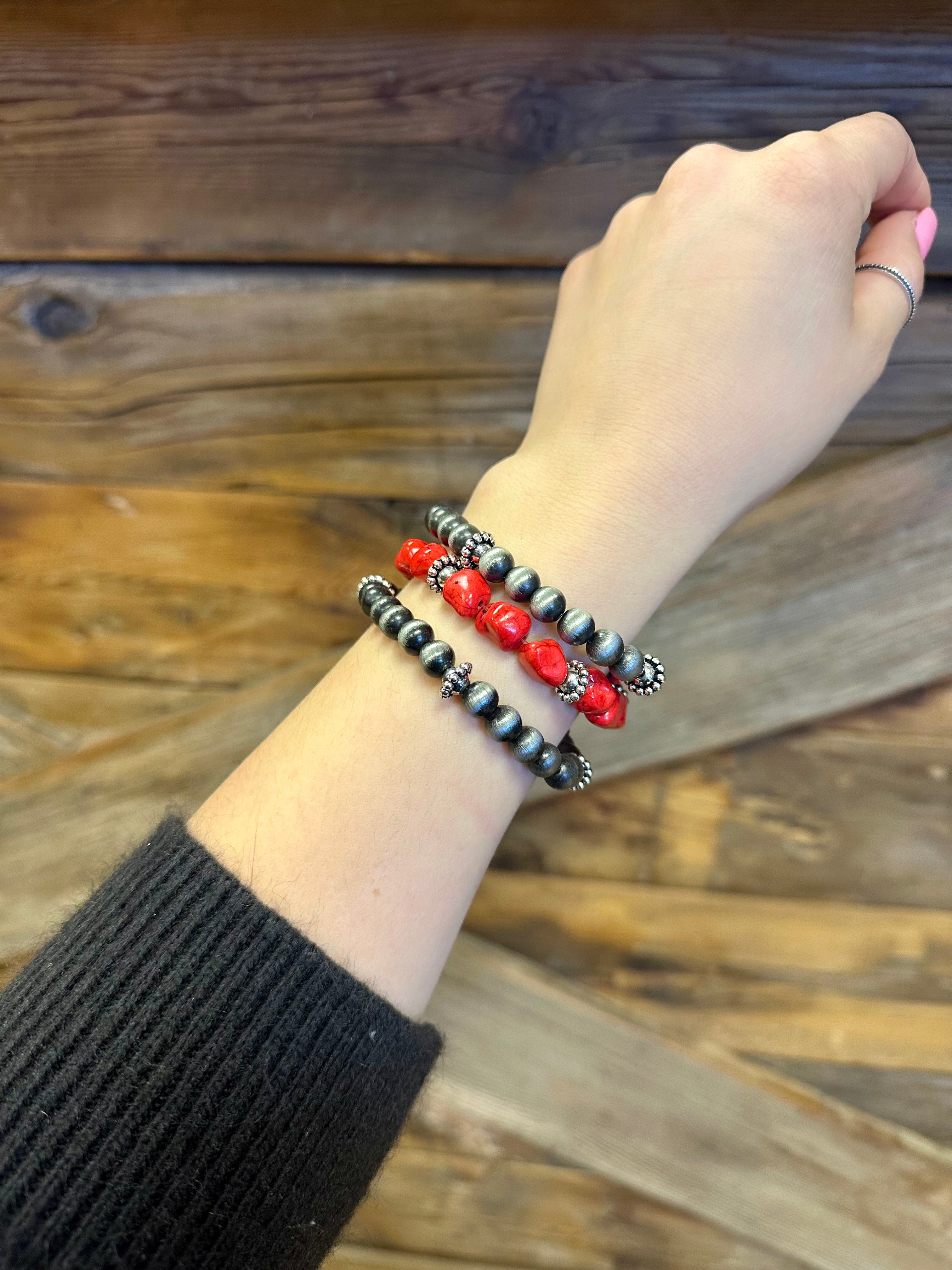 Faux Red & Navajo Pearl Bracelet Set