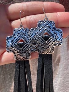 Cross Leather Fringe Earrings