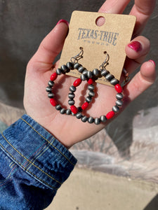 Faux Navajo Pearl & Red Hoop Earrings