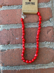 Red Coral Beaded Necklace- Faux