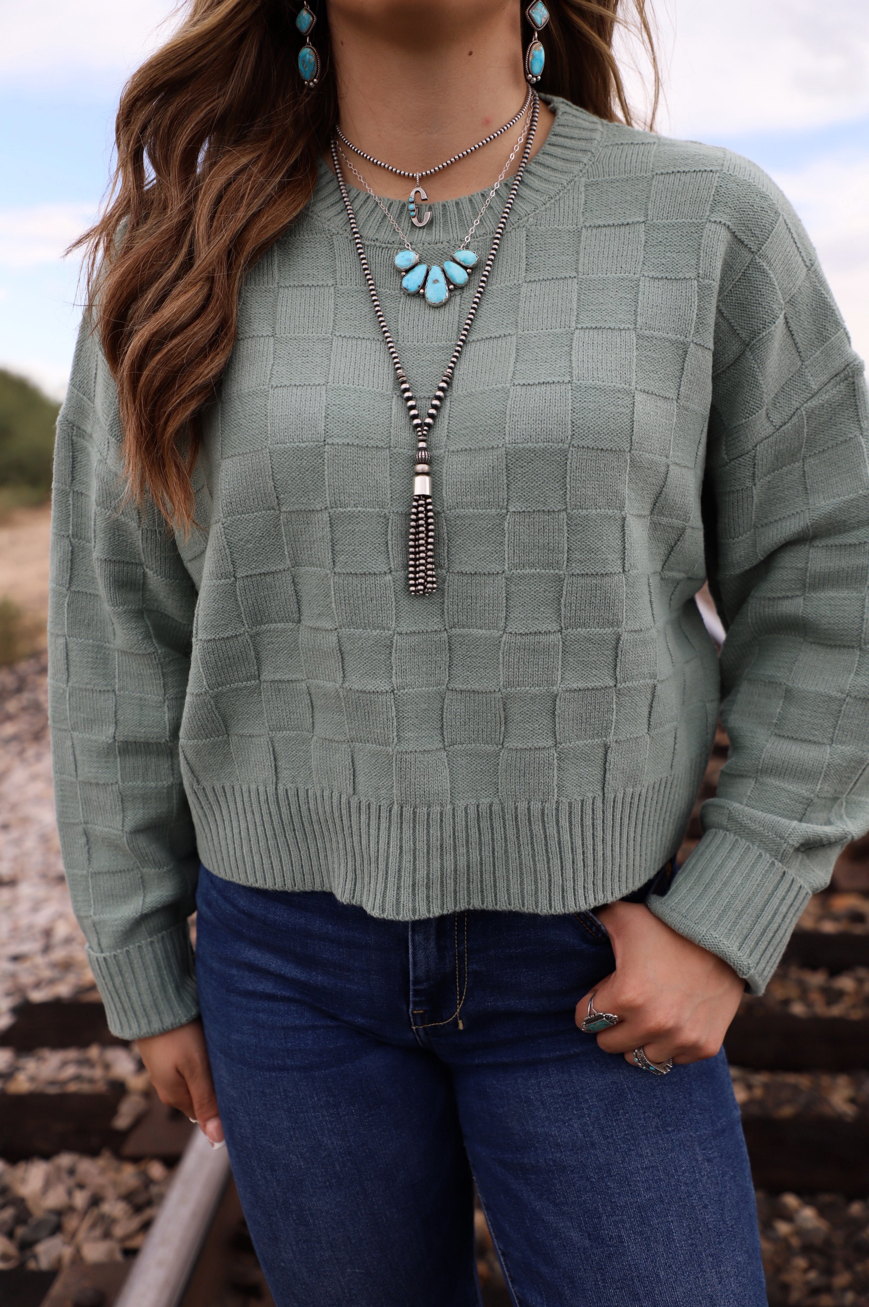 The Roxie Checkered Sweater- Sage
