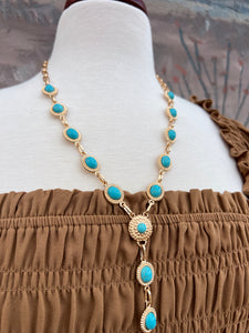 Gold Oval Turquoise Lariat Necklace