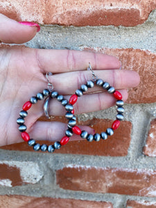 Faux Navajo Pearl & Red Hoop Earrings