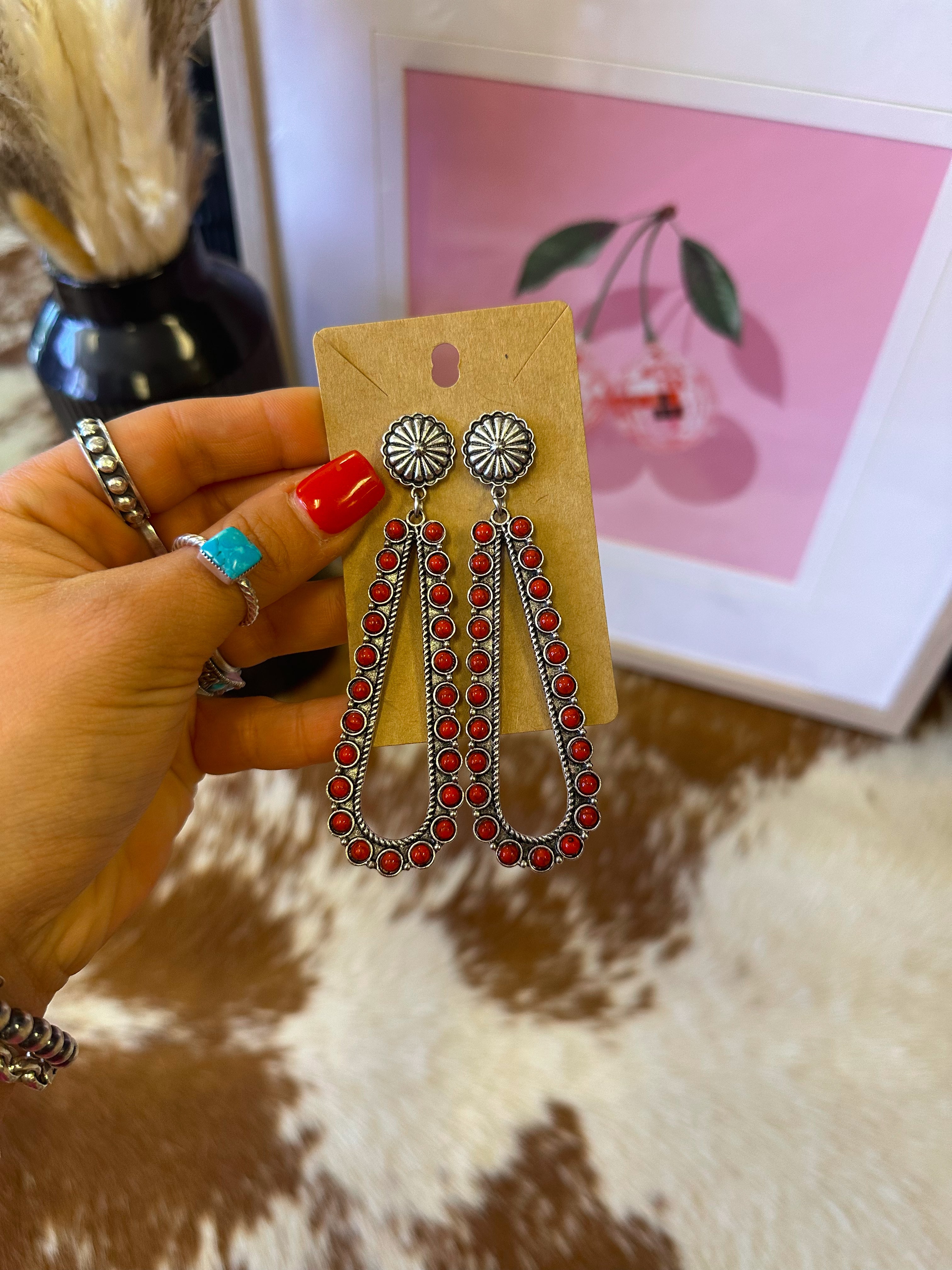 Concho & Red Teardrop Earrings