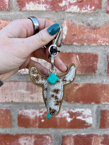 Buffalo Head and Turquoise Charm Keychain- Brown