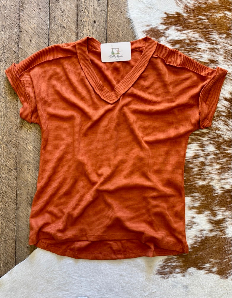 The Lucy Waffle Knit Top- Rust