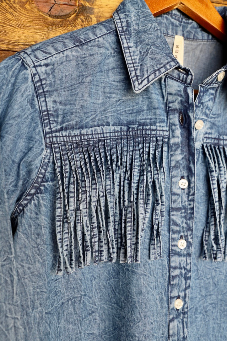 Roper-Women's Denim Blue Fringe Top