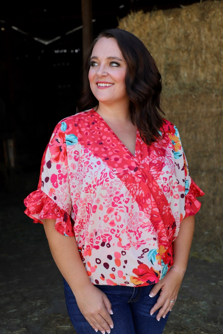 Floral / Animal Print -Ruffle Sleeve with V Neck