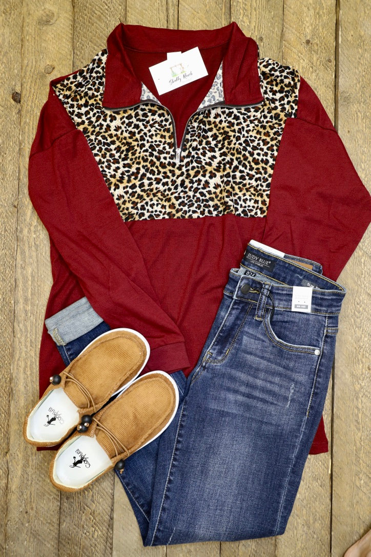 Maroon and Leopard Print Zip Up