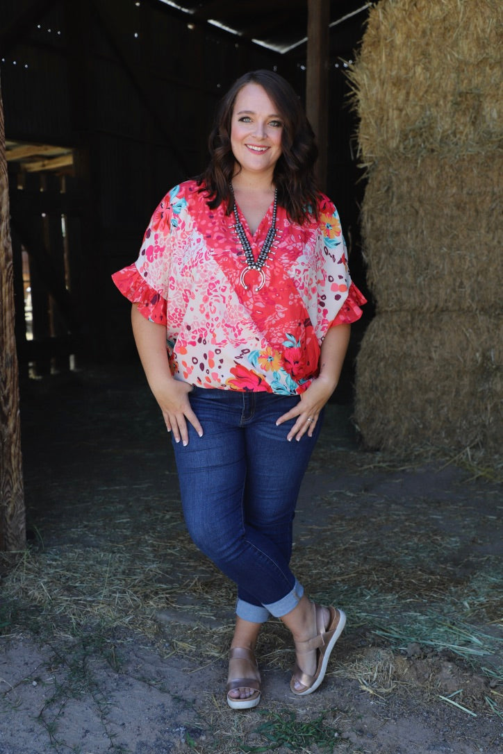 Floral / Animal Print -Ruffle Sleeve with V Neck