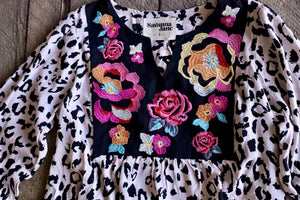 Leopard & Embroidery Long Sleeve Blouse