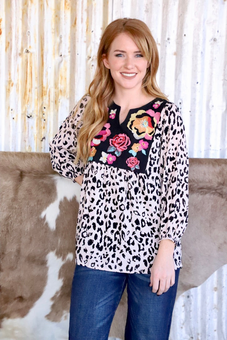 Leopard & Embroidery Long Sleeve Blouse