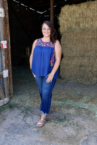 Embroidered Top with Round Neckline - Navy