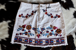 Embroidered White Denim Skirt