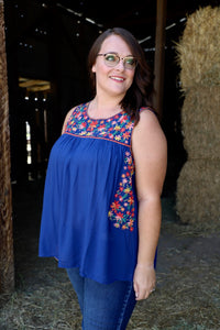 Embroidered Top with Round Neckline - Navy