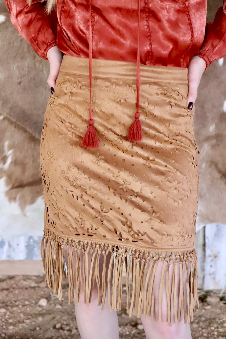 Faux Suede Skirt with Fringe