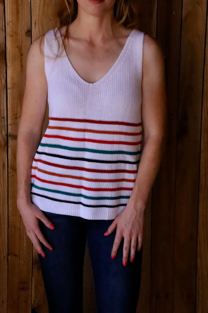 White Knit Sleeveless Top - Multi Color Stripes