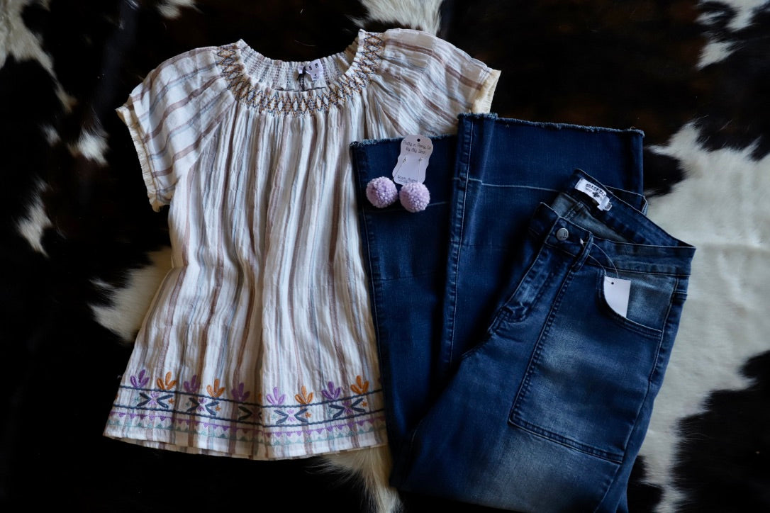 Embroidered Stripe Smocked Top