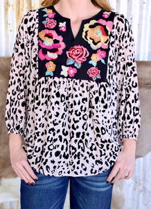 Leopard & Embroidery Long Sleeve Blouse
