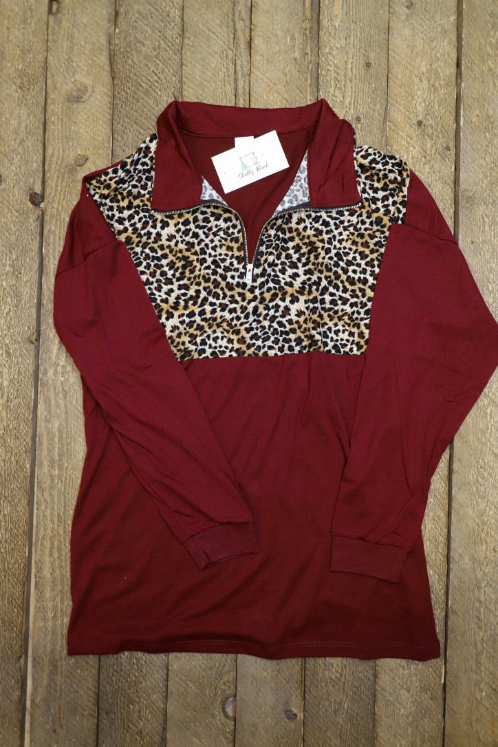 Maroon and Leopard Print Zip Up