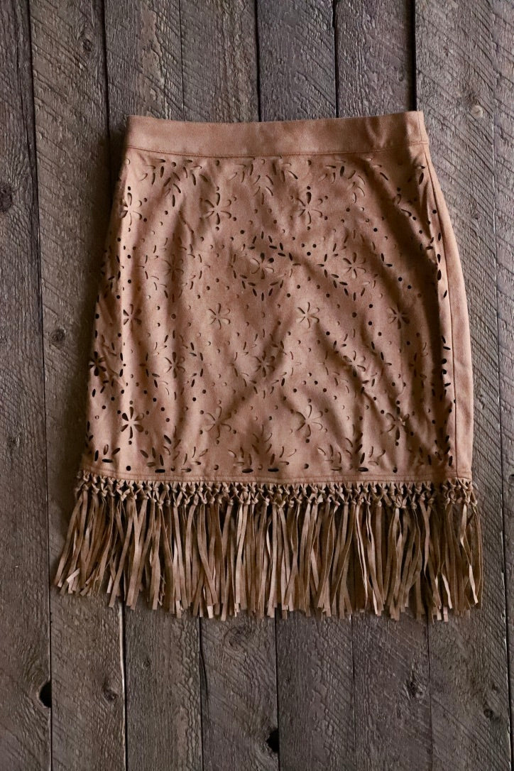 Faux Suede Skirt with Fringe