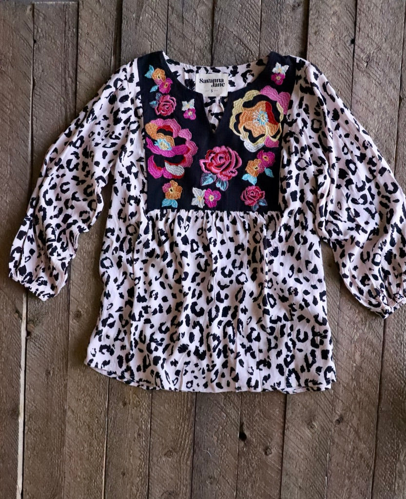 Leopard & Embroidery Long Sleeve Blouse