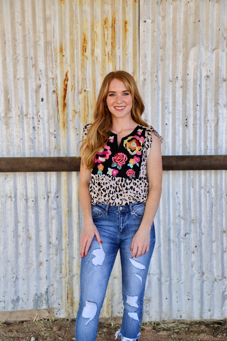 Leopard & Embroidery - Ruffle Sleeve Blouse