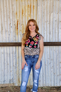 Leopard & Embroidery - Ruffle Sleeve Blouse