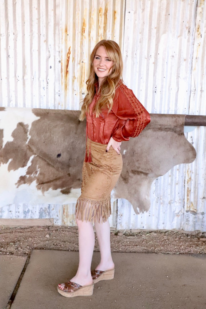 Faux Suede Skirt with Fringe
