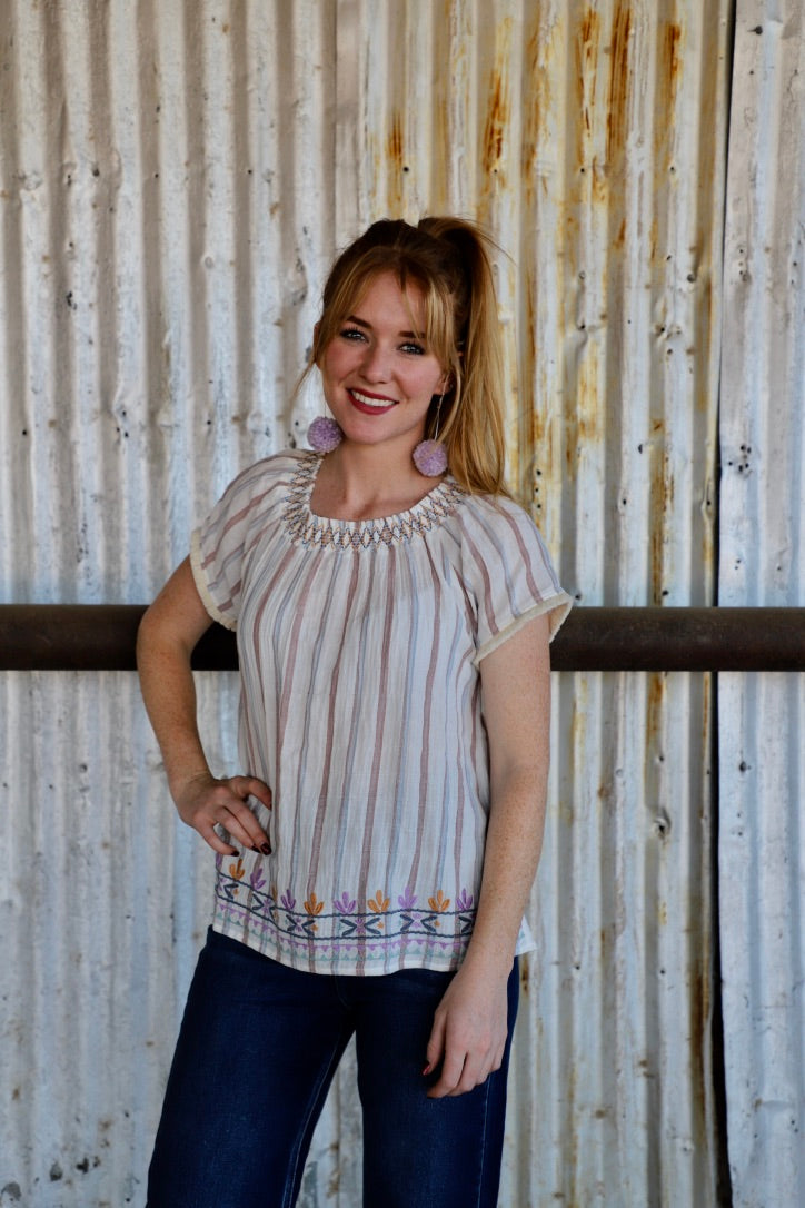 Embroidered Stripe Smocked Top