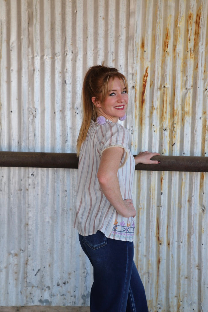 Embroidered Stripe Smocked Top