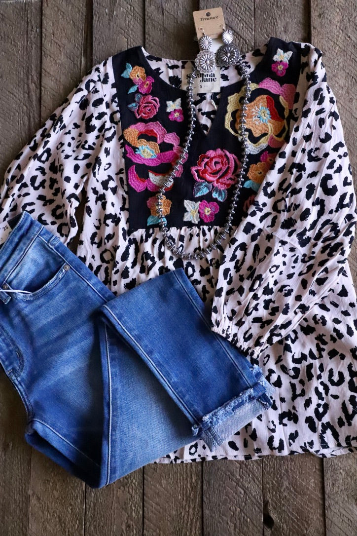 Leopard & Embroidery Long Sleeve Blouse