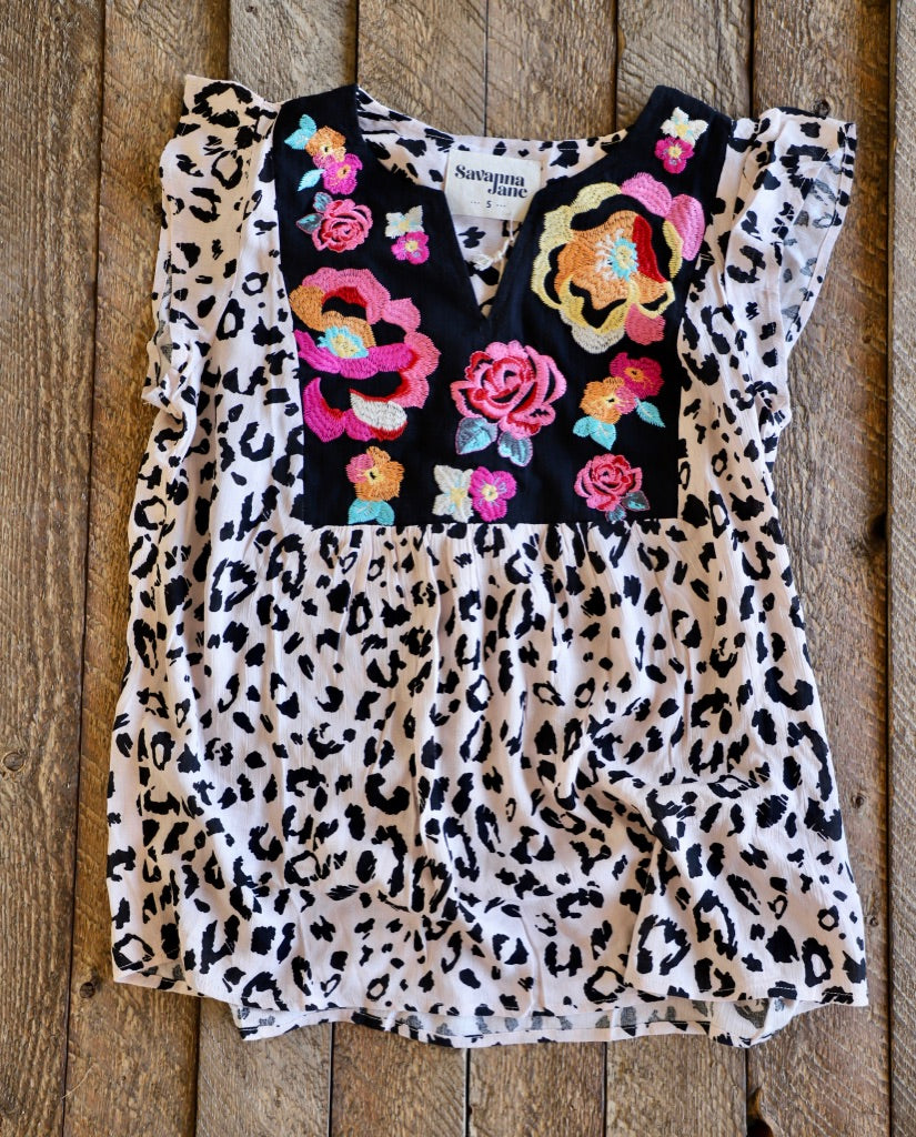 Leopard & Embroidery - Ruffle Sleeve Blouse