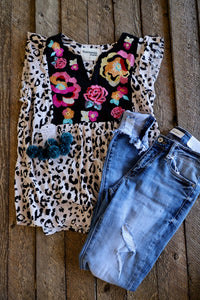 Leopard & Embroidery - Ruffle Sleeve Blouse