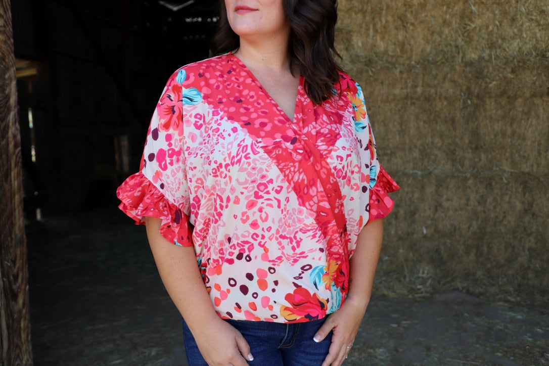 Floral / Animal Print -Ruffle Sleeve with V Neck